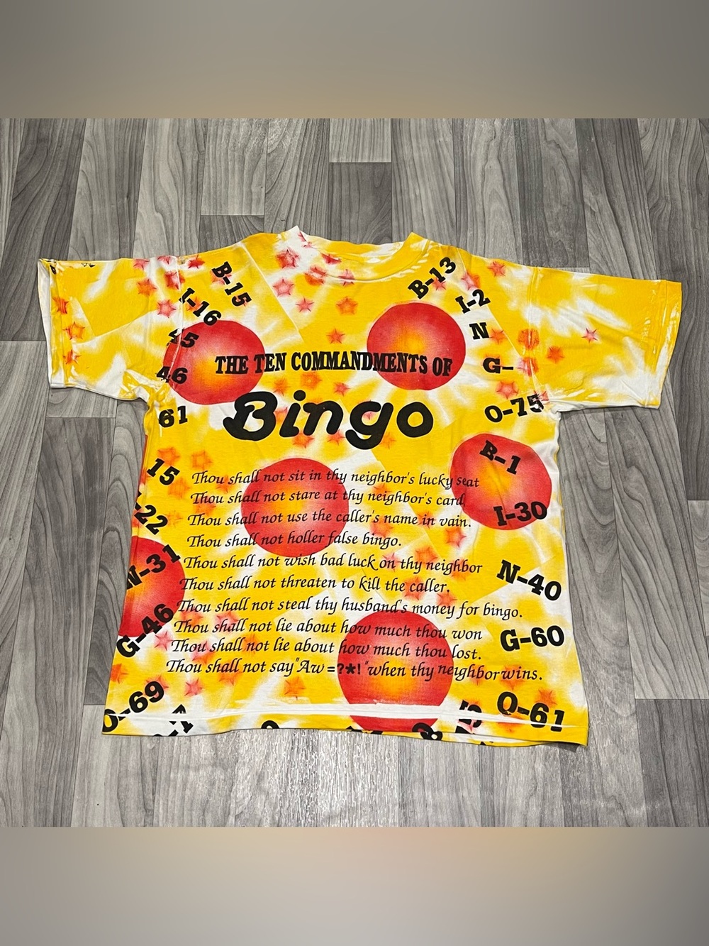 SZ XL VTG 90’s BINGO ALL OVER PRINT 10 COMMANDMENTS LOTTERY SINGLE STITCH TEE